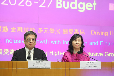 ◎ 二月二十七日,香港特區商務及經濟發展局局長丘應樺(左)和運輸及物流局局長陳美寶(右)舉行二0二六至二七年度《財政預算案》商務及經濟發展局和運輸及物流局相關措施記者會。(香港中通社記者 鄧梓傑 攝)