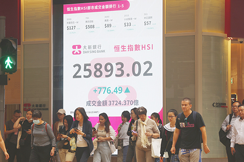 ◎ 四月八日,截至收盤,香港恒生指數漲七百七十六▪四九點,漲幅百分之三點零九,報二萬五千八百九十三▪零二點,主板全天成交三千七百二十四▪三七億港元。(香港中通社記者 鄧梓傑 攝)